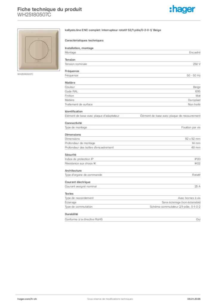 Image Hager Fiche technique du produit WH25180507C | Hager Suisse