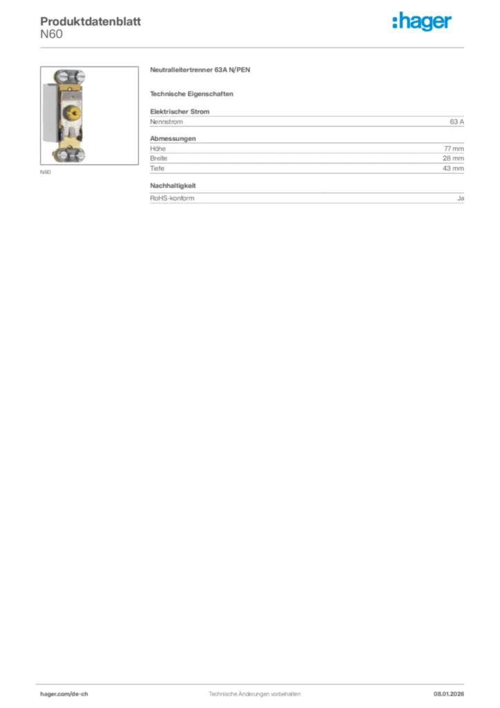 Bild Hager Produktdatenblatt N60 | Hager Schweiz
