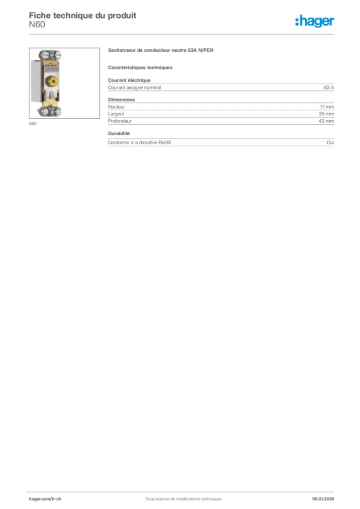 Image Hager Fiche technique du produit N60 | Hager Suisse