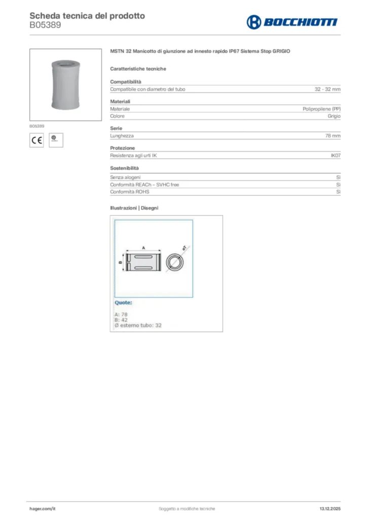 Immagine Bocchiotti Scheda tecnica del prodotto B05389 | Hager Italia