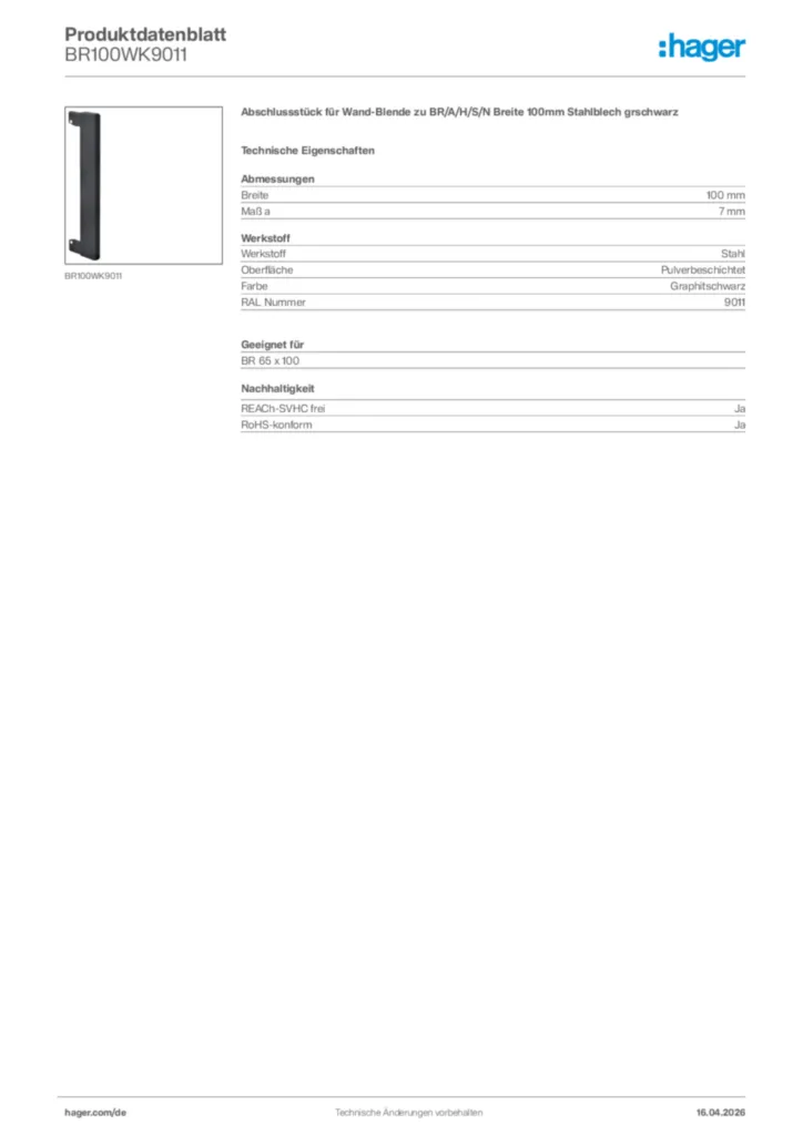 Bild Hager Produktdatenblatt BR100WK9011 | Hager Deutschland