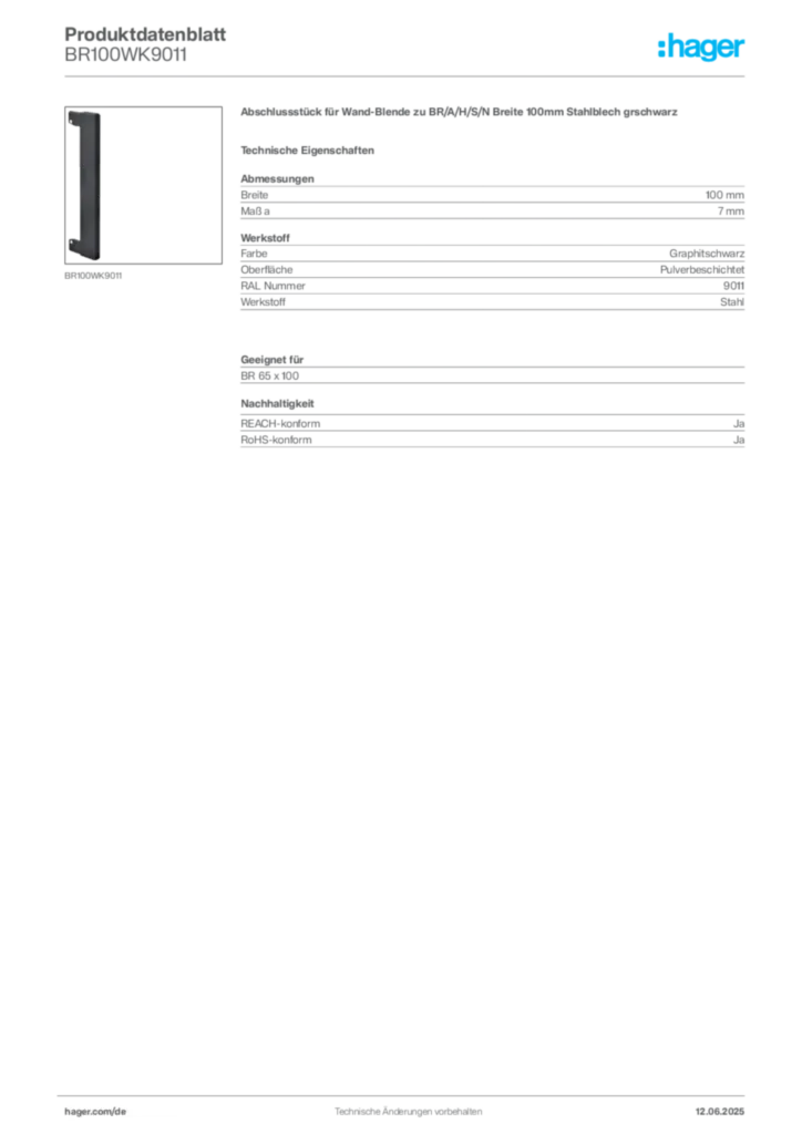 Bild Hager Produktdatenblatt BR100WK9011 | Hager Deutschland