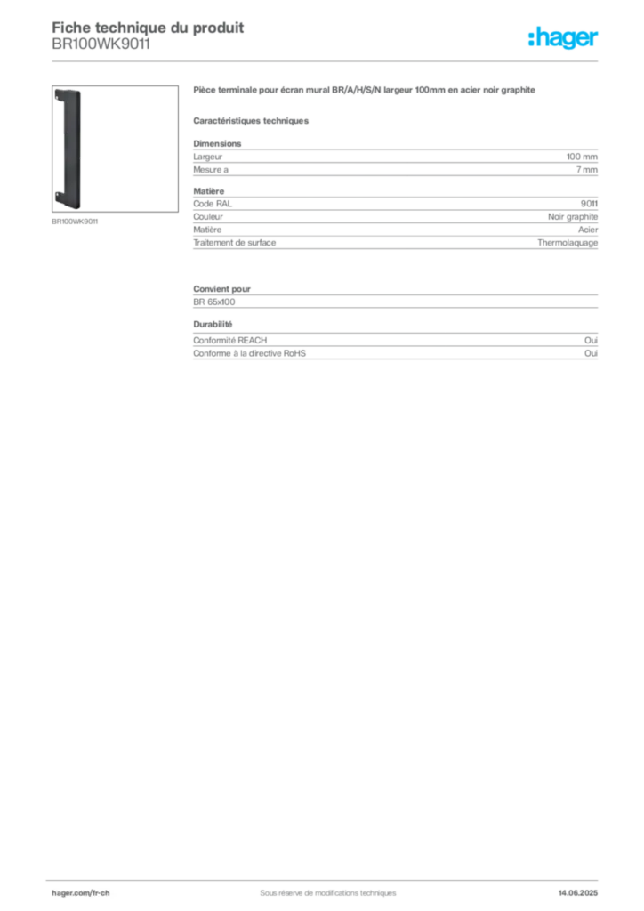 Image Hager Fiche technique du produit BR100WK9011 | Hager Suisse
