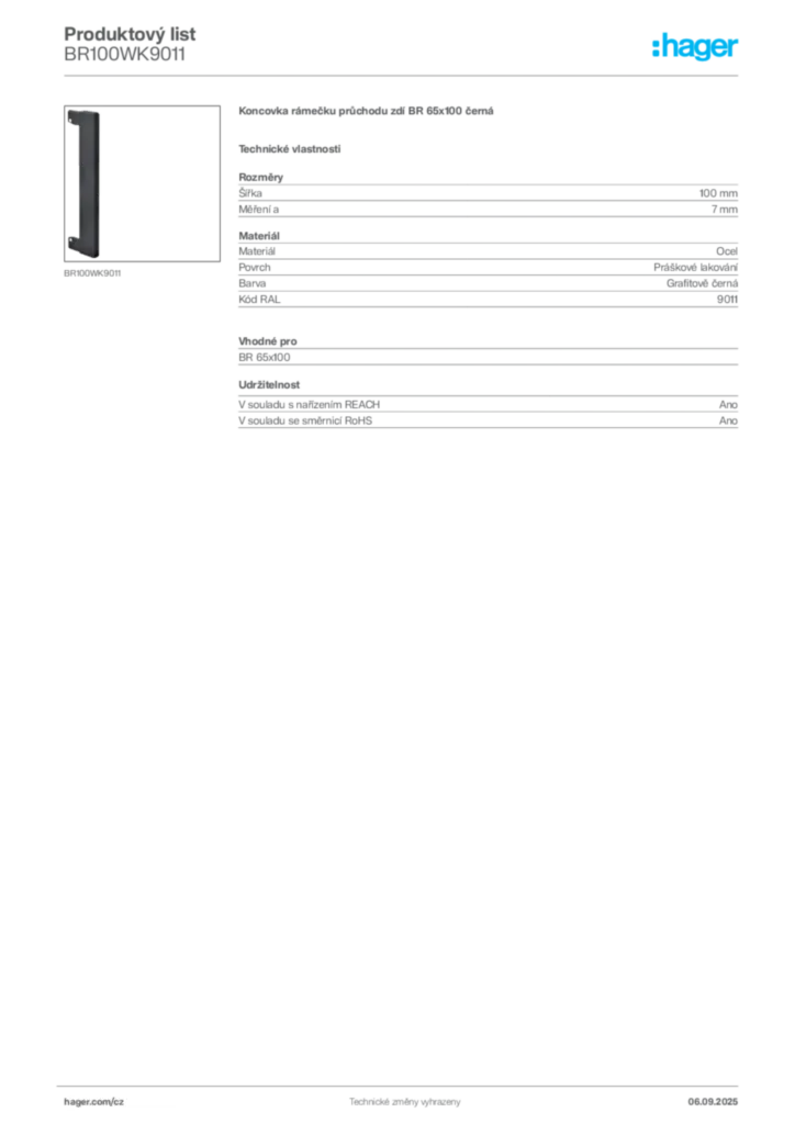 Obrázek Hager Produktový list BR100WK9011 | Hager