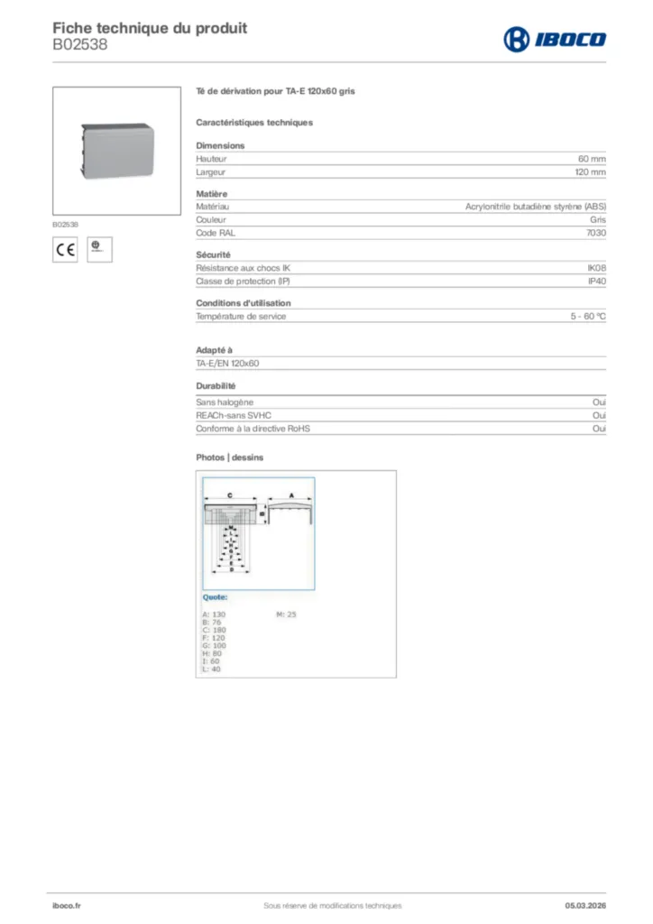 Image Iboco Fiche technique du produit B02538 | Hager France