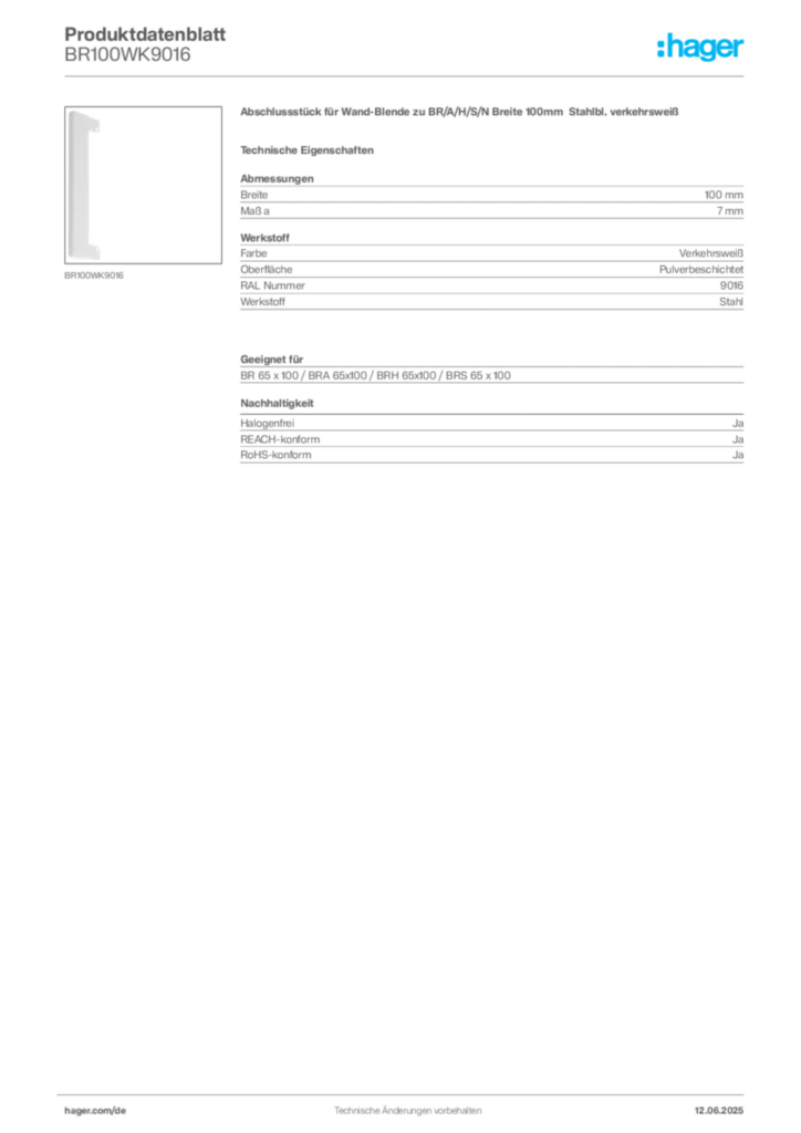 Bild Hager Produktdatenblatt BR100WK9016 | Hager Deutschland