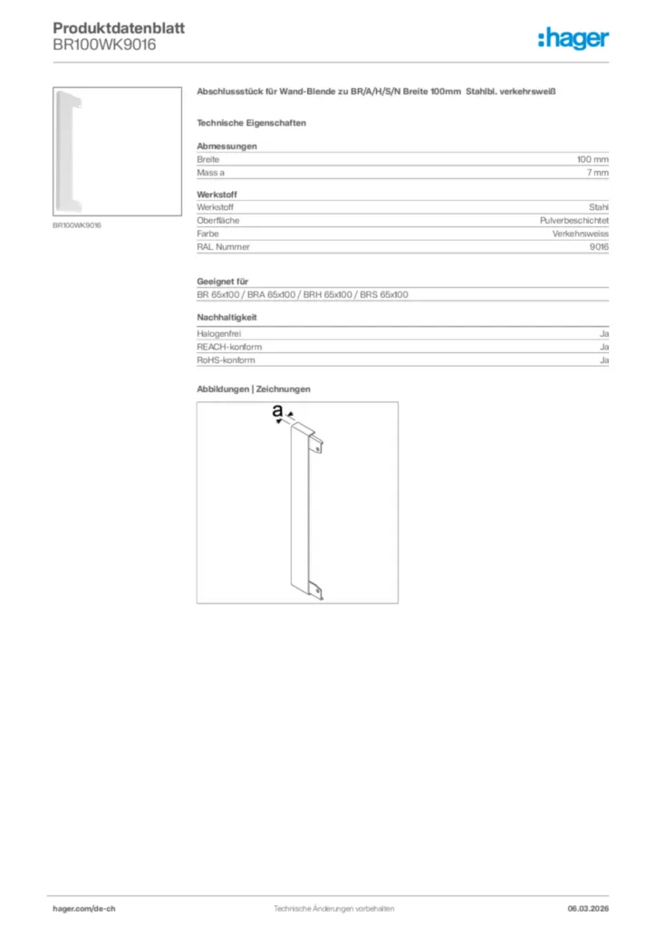 Bild Hager Produktdatenblatt BR100WK9016 | Hager Schweiz