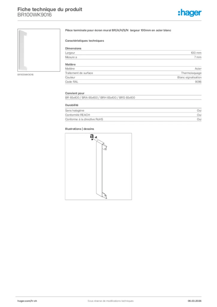 Image Hager Fiche technique du produit BR100WK9016 | Hager Suisse