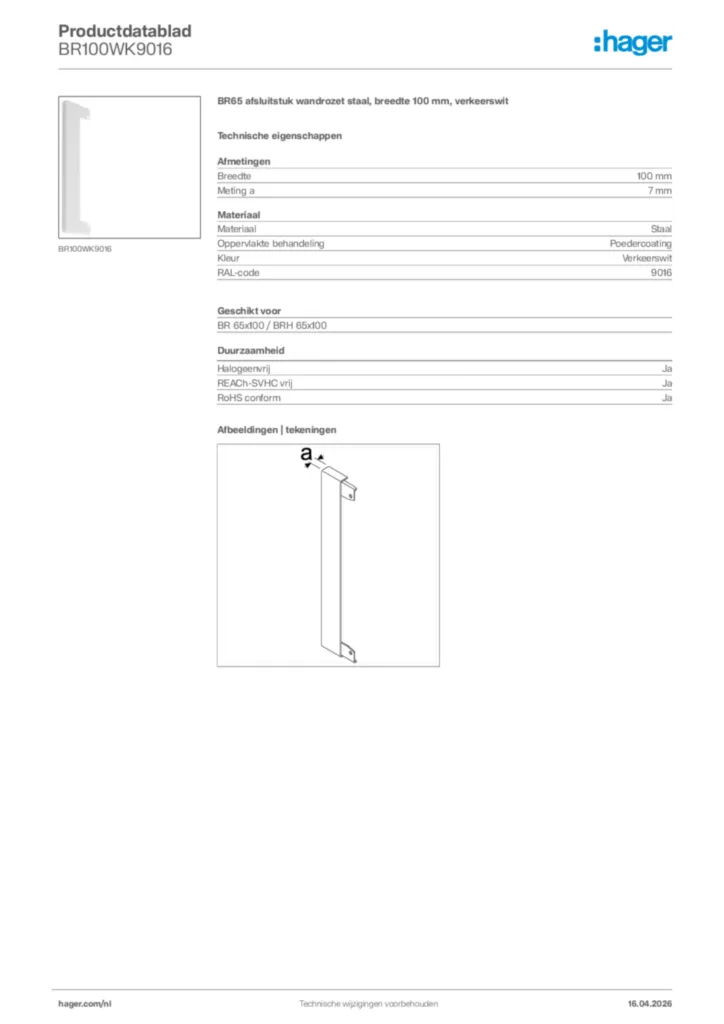 Afbeelding Hager Productdatablad BR100WK9016 | Hager Nederland