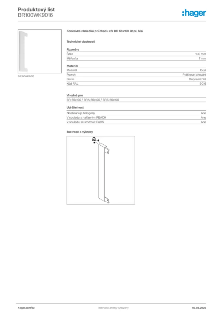 Obrázek Hager Product data sheet BR100WK9016 | Hager
