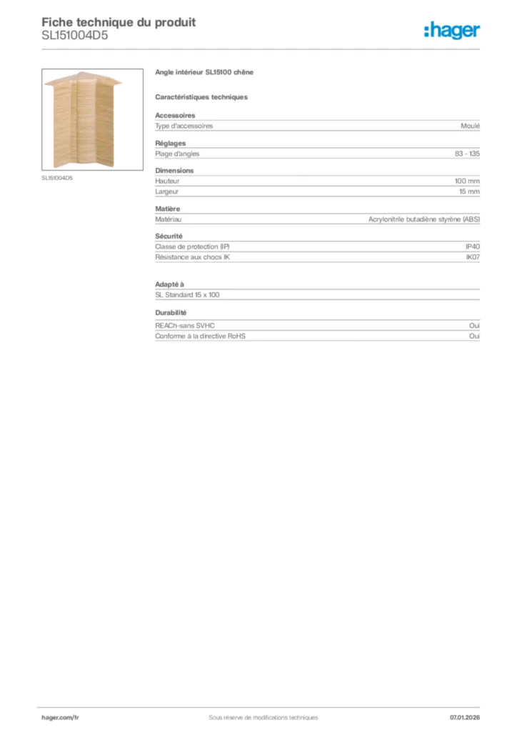 Image Hager Fiche technique du produit SL151004D5 | Hager France