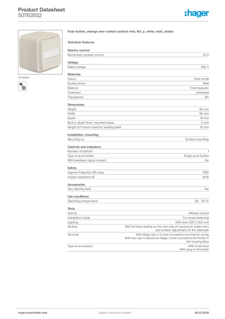 Image Hager Product data sheet 50763552  | Hager