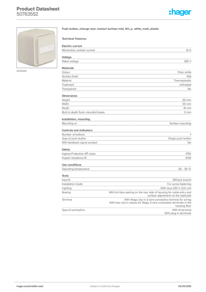 Image Hager Product data sheet 50763552  | Hager