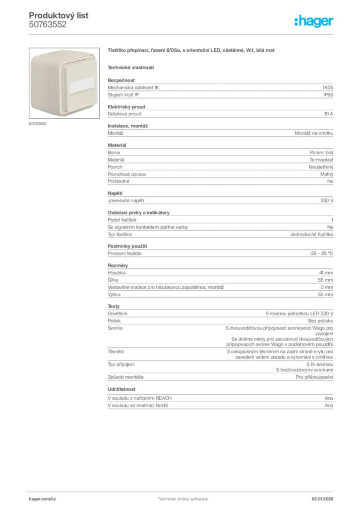 Obrázek Hager Product data sheet 50763552 | Hager