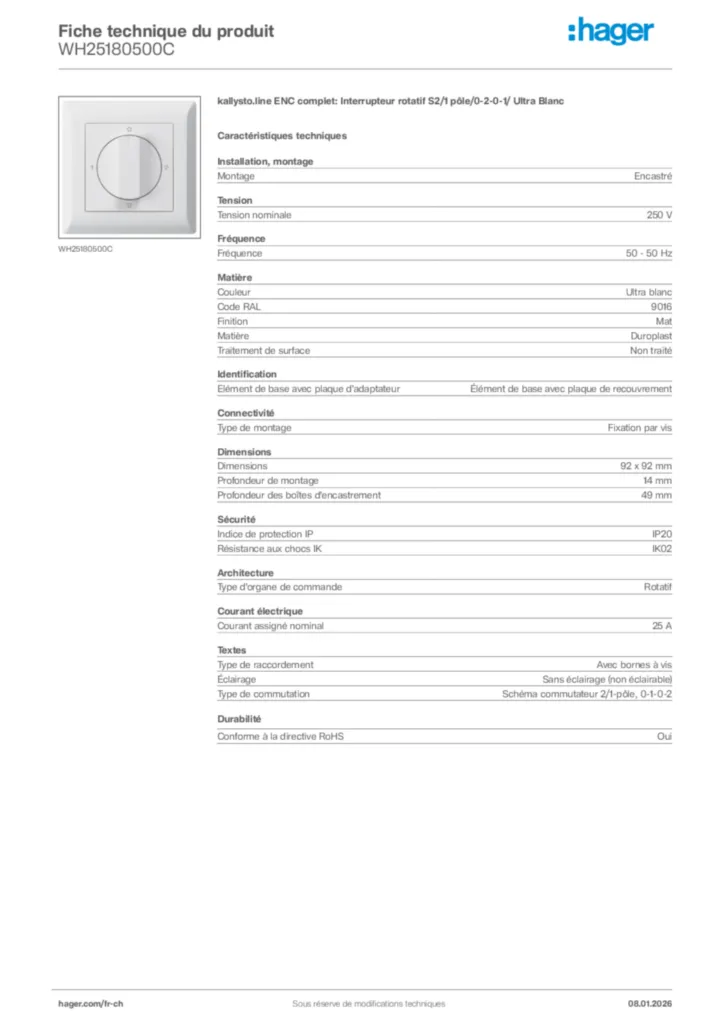 Image Hager Fiche technique du produit WH25180500C | Hager Suisse