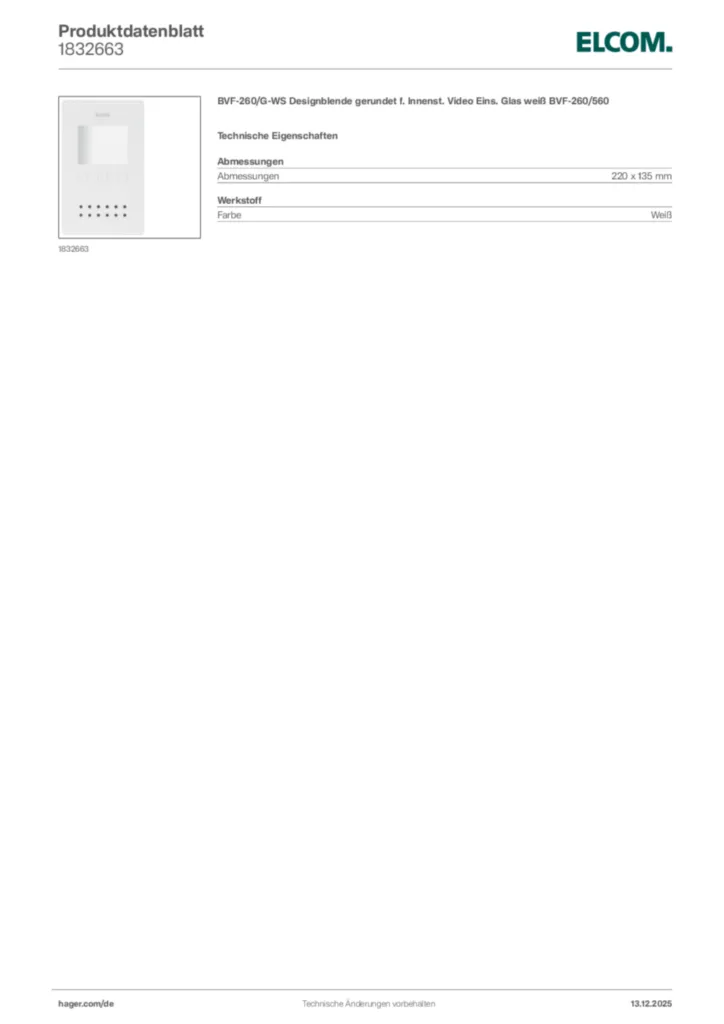 Bild Elcom Produktdatenblatt 1832663 | Hager Deutschland