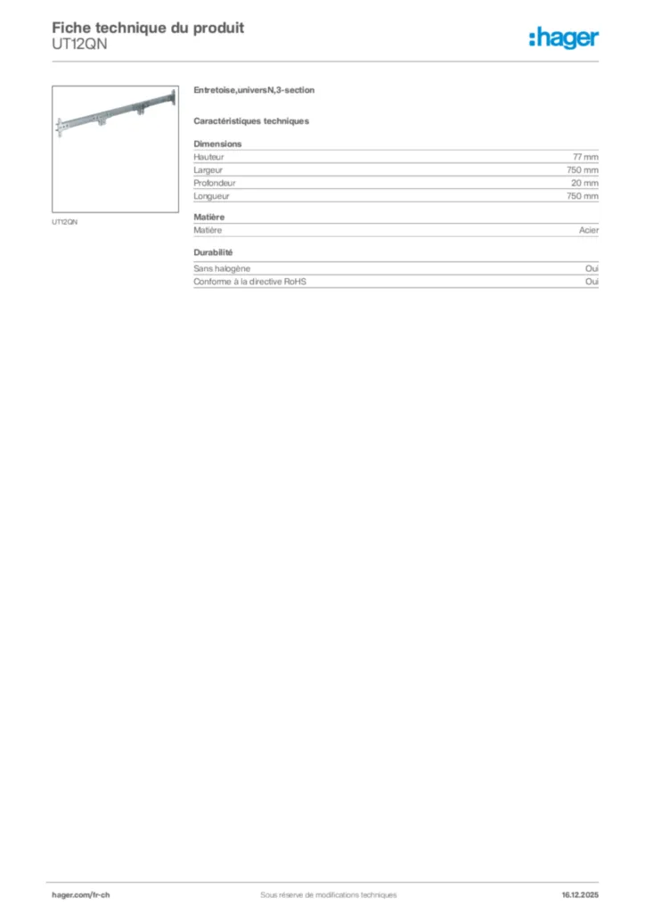Image Hager Fiche technique du produit UT12QN | Hager Suisse
