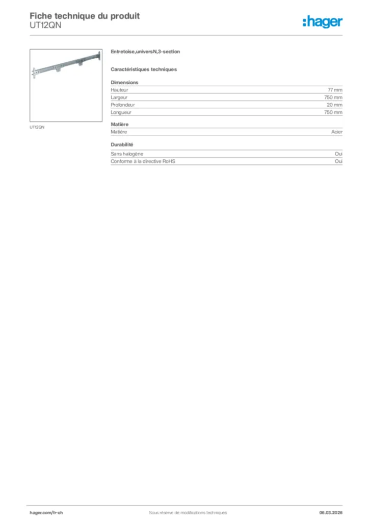 Image Hager Fiche technique du produit UT12QN | Hager Suisse