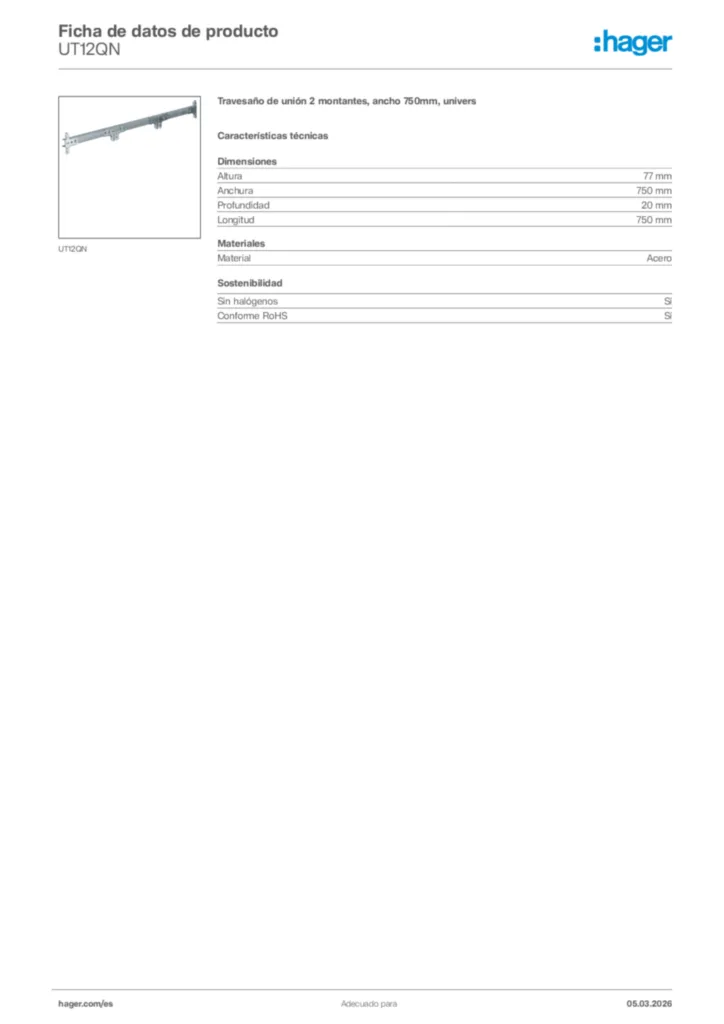 Imagen Hager Ficha de datos de producto UT12QN | Hager España