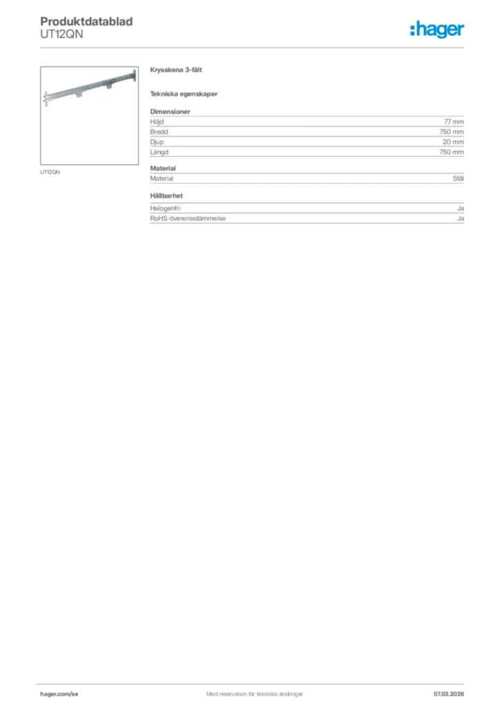 Bild Hager Produktdatablad UT12QN | Hager Sverige