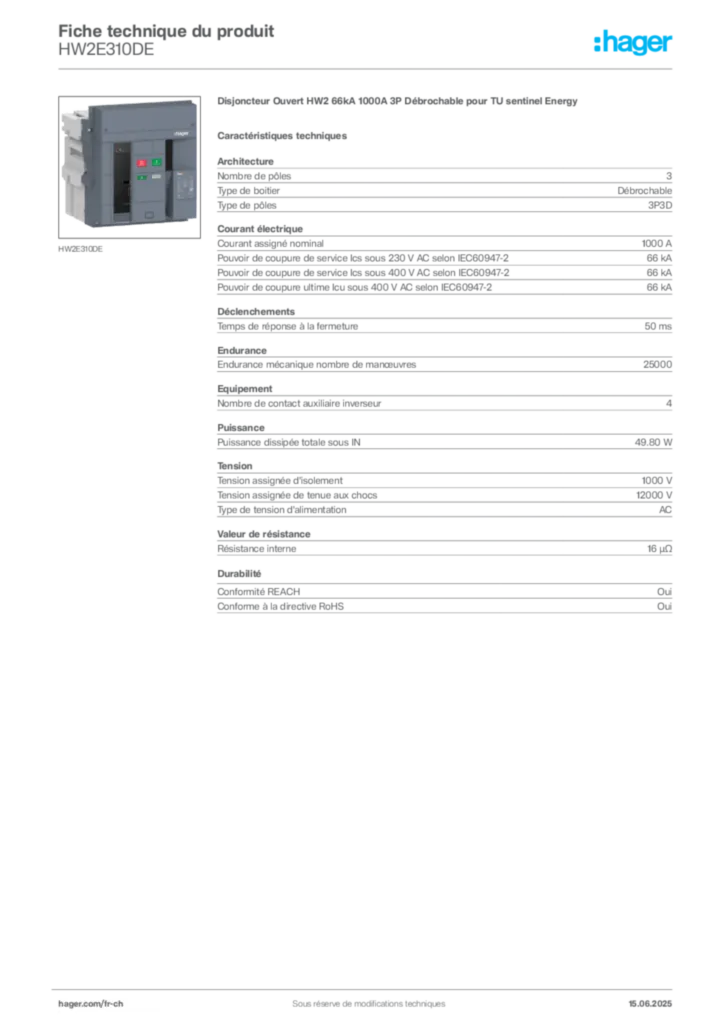 Image Hager Fiche technique du produit HW2E310DE | Hager Suisse