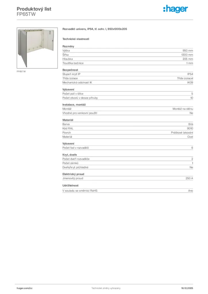 Obrázek Hager Produktový list FP65TW | Hager