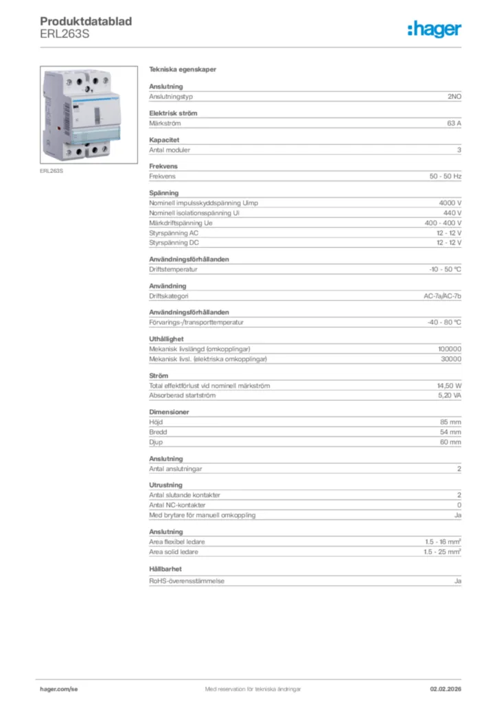 Bild Hager Produktdatablad ERL263S | Hager Sverige