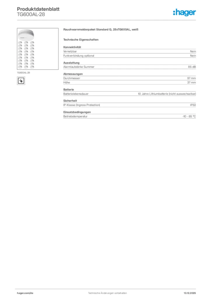 Bild Hager Produktdatenblatt TG600AL-28 | Hager Deutschland