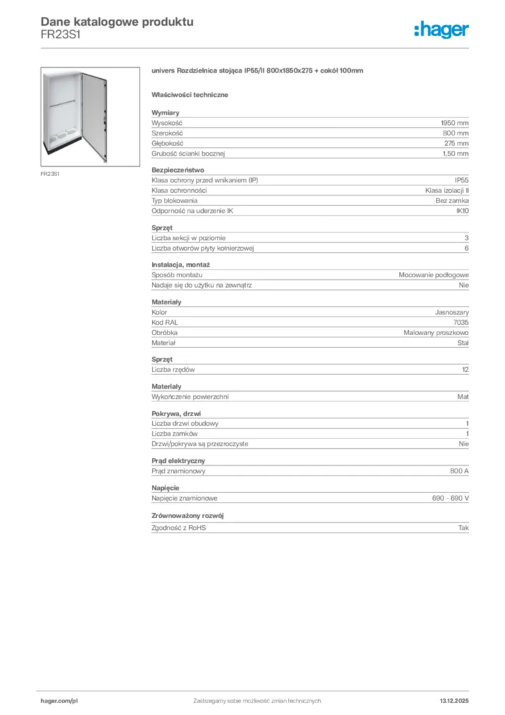 Zdjęcie Hager Karta katalogowa FR23S1 | Hager Polska