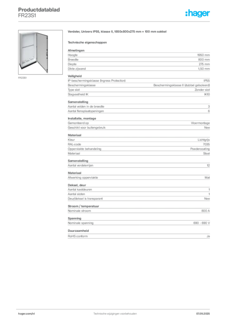 Afbeelding Hager Productdatablad FR23S1 | Hager Nederland