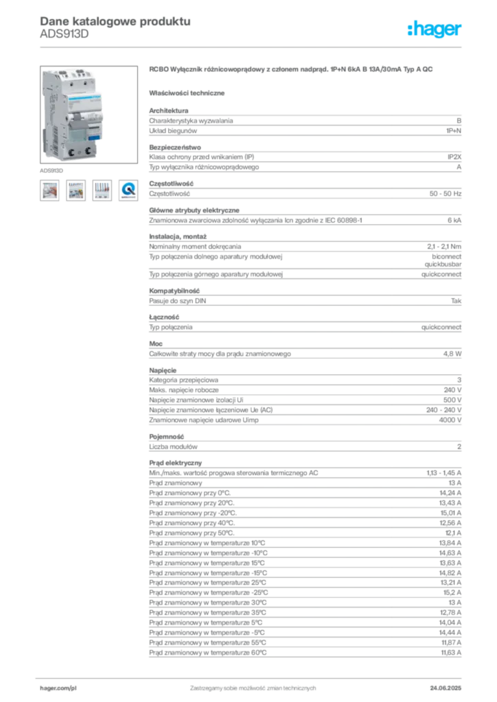 Zdjęcie Hager Karta katalogowa ADS913D | Hager Polska