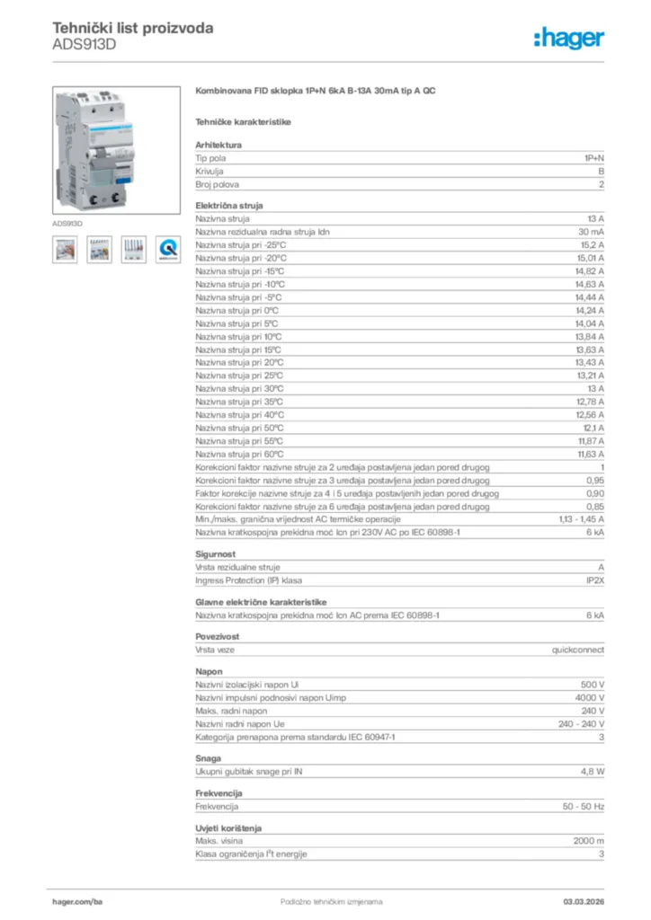 Slika Hager Tehnički list proizvoda ADS913D  | Hager