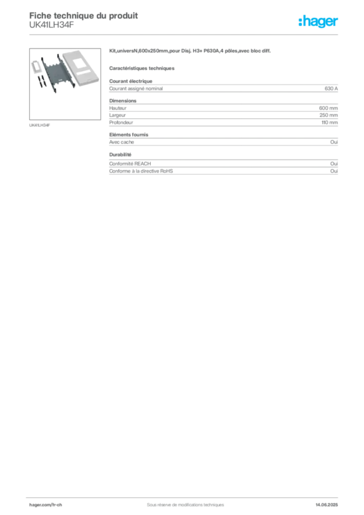 Image Hager Fiche technique du produit UK41LH34F | Hager Suisse