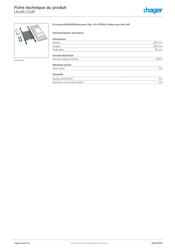 Image Hager Fiche technique du produit UK41LH34F | Hager Suisse