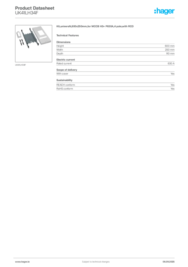 Image Hager Product data sheet UK41LH34F  | Hager