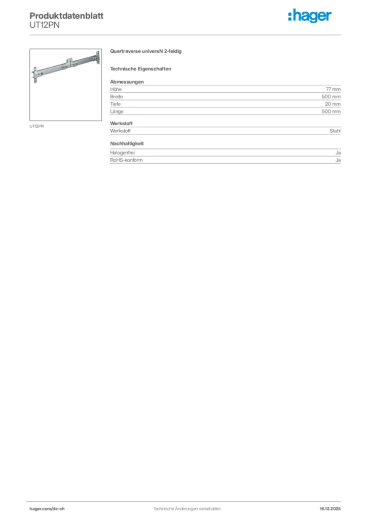 Bild Hager Produktdatenblatt UT12PN | Hager Schweiz
