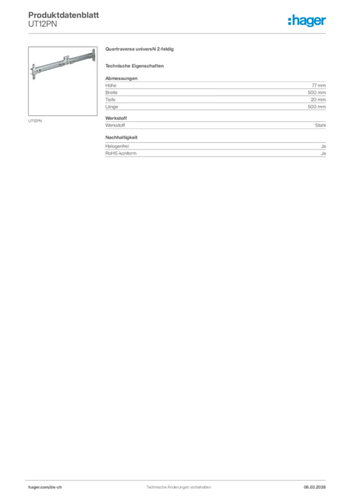 Bild Hager Produktdatenblatt UT12PN | Hager Schweiz