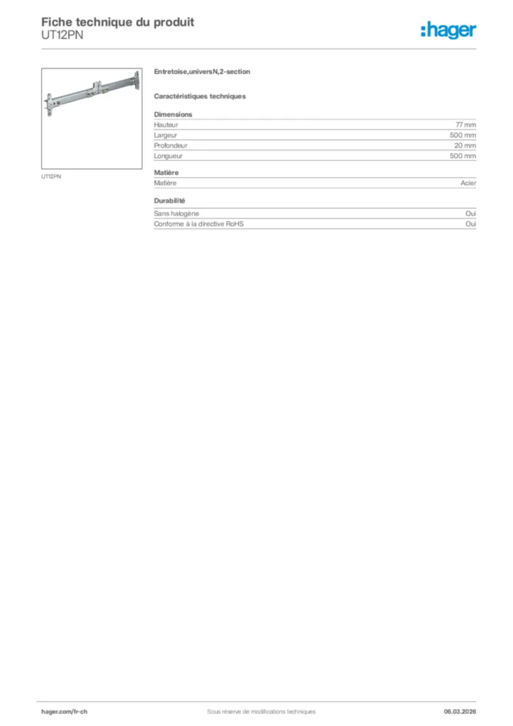 Image Hager Fiche technique du produit UT12PN | Hager Suisse