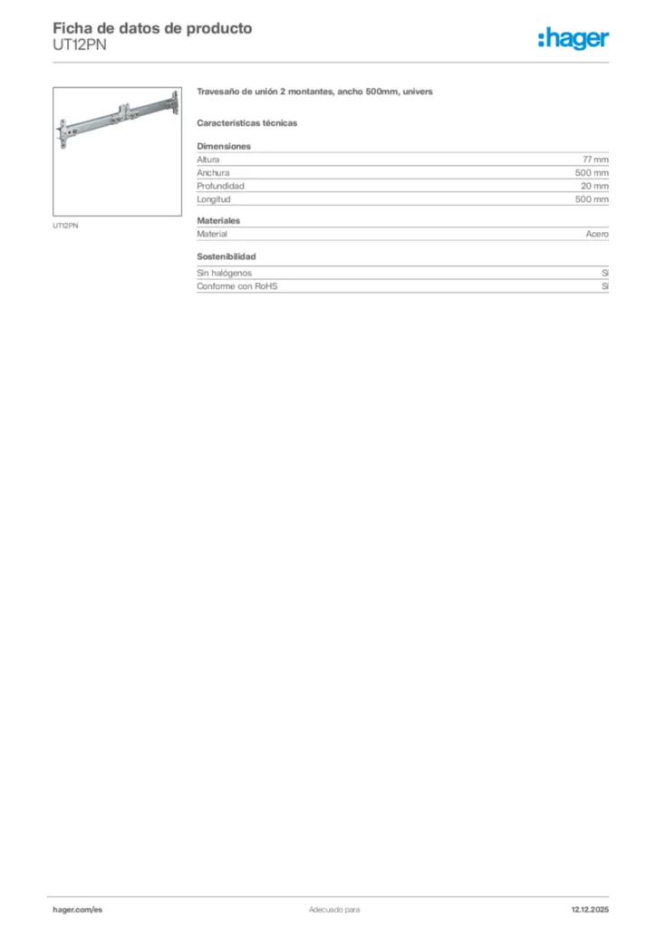 Imagen Hager Ficha de datos de producto UT12PN | Hager España