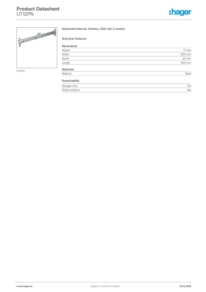 Image Hager Product data sheet UT12PN  | Hager