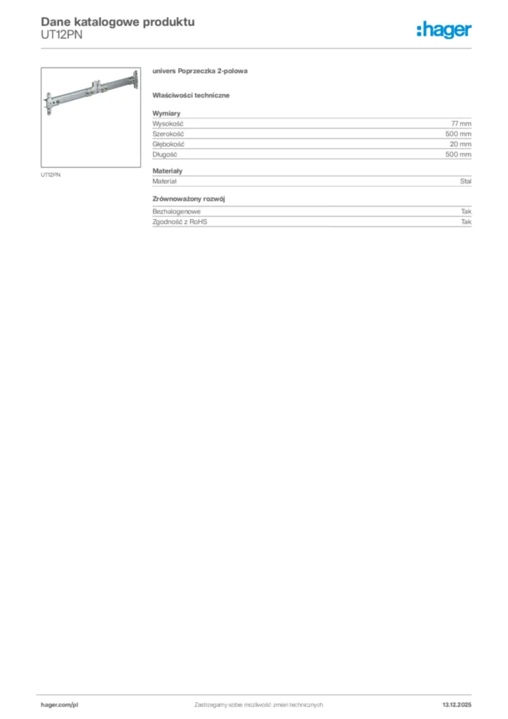 Zdjęcie Hager Karta katalogowa UT12PN | Hager Polska