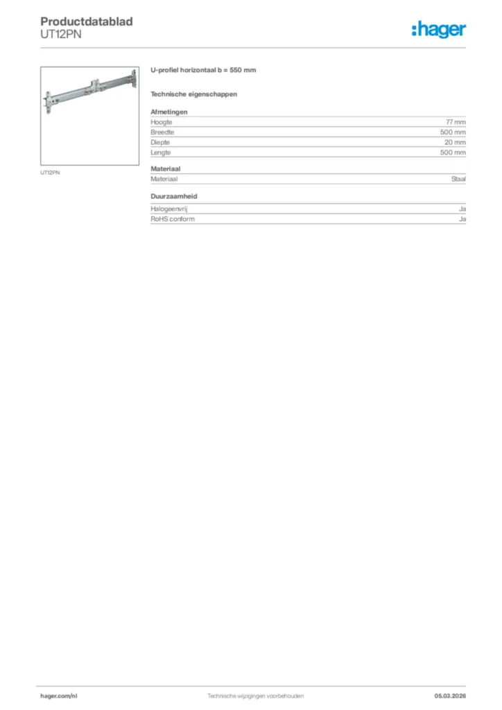 Afbeelding Hager Productdatablad UT12PN | Hager Nederland