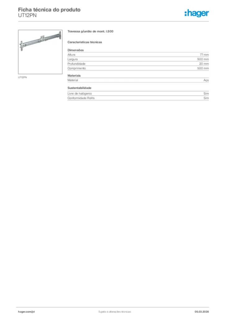 Imagem Hager Ficha técnica do produto UT12PN | Hager Portugal