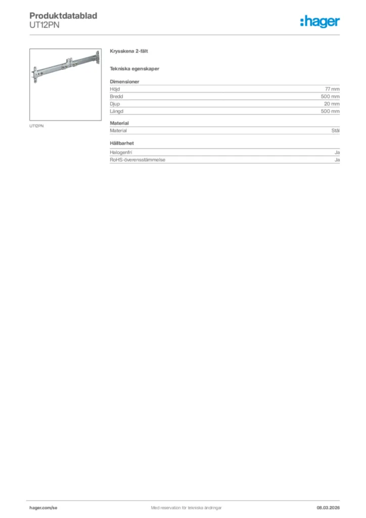 Bild Hager Produktdatablad UT12PN | Hager Sverige