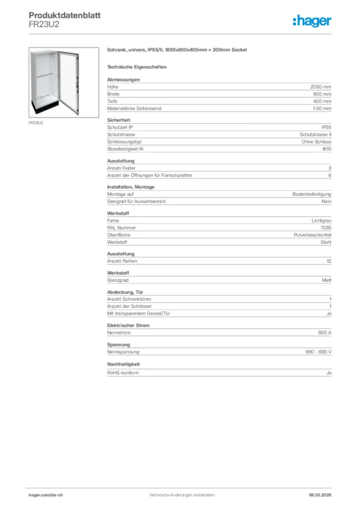 Bild Hager Produktdatenblatt FR23U2 | Hager Schweiz