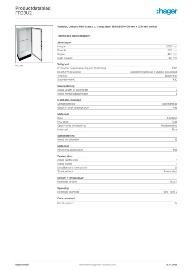 Afbeelding Hager Productdatablad FR23U2 | Hager Nederland