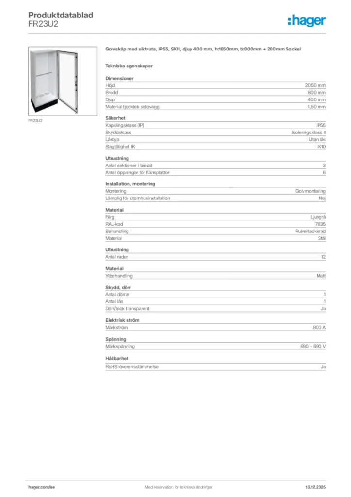 Bild Hager Produktdatablad FR23U2 | Hager Sverige