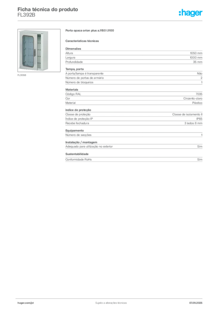 Imagem Hager Ficha técnica do produto FL392B | Hager Portugal