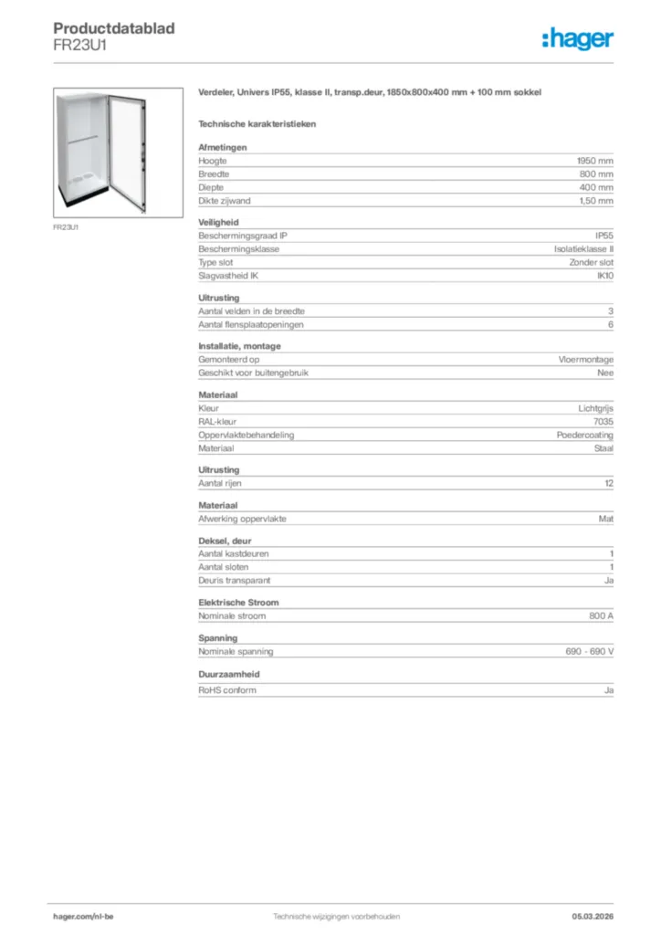 Afbeelding Hager Productdatablad FR23U1 | Hager Belgium