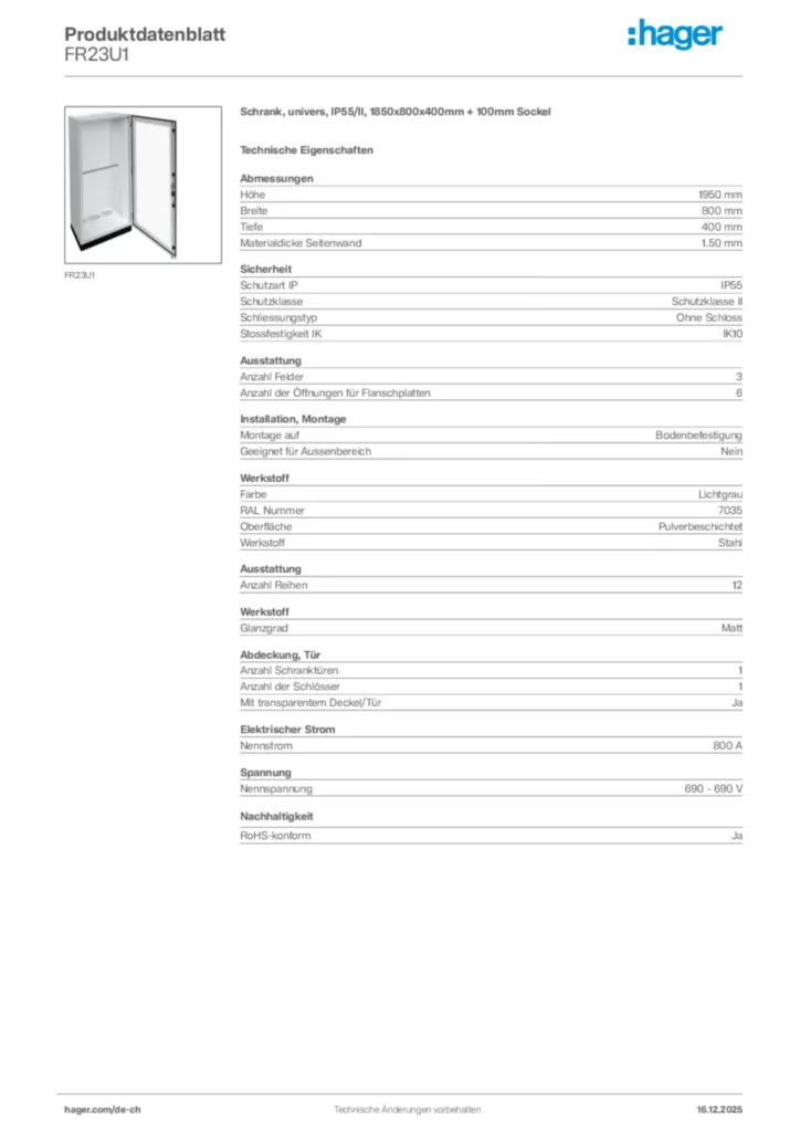 Bild Hager Produktdatenblatt FR23U1 | Hager Schweiz